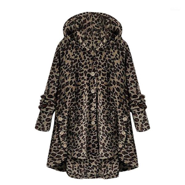 

long jacket women winter autumn button leopard coat fleece asymmetrical hem hooded loose overcoat d909101, Black;brown