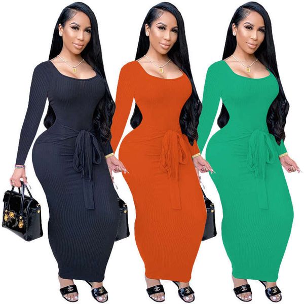 

fall 2020 new fashion casual g8033 sleeve thread lace up solid color dress long skirt, Black;gray