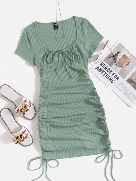 

ruched drawstring side bodycon dress k93m#, Black;gray