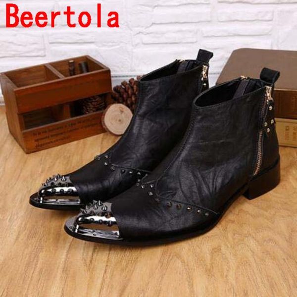 

beertola new men's boots real leather metal head spikes ankle boots men double zipper black botas de hombre flats bottom1