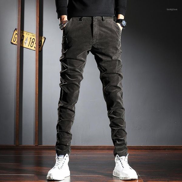 

korean style fashion men jeans elastic slim fit casual corduroy pencil pants classical vintage designer leisure smart trousers1, Blue
