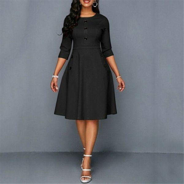 

plus size womens vintage long prom evening party swing ball gown button o neck ladies solid offices fashion, Black;gray
