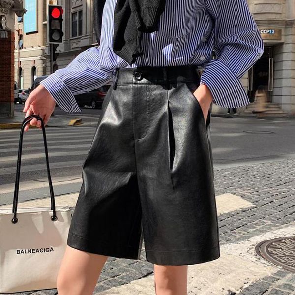

women's shorts solid pu leather women elegant vintage black high waist punk khaki autumn winter 2021 plus size, White;black