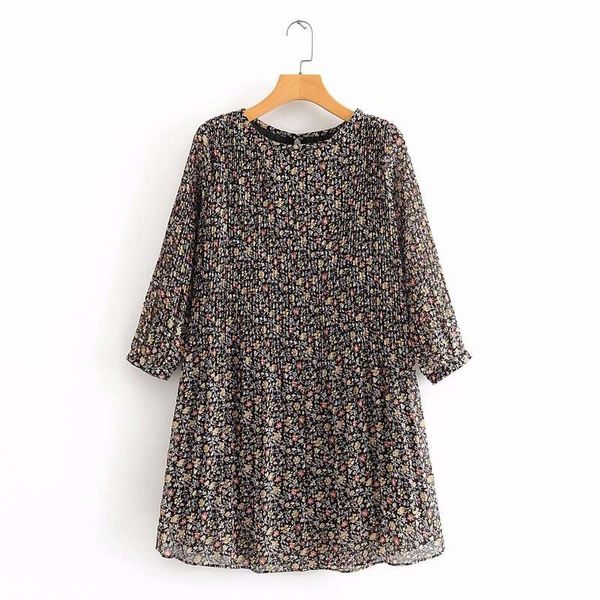 

l1-9759 spring new style street fashion versatile round neck long sleeve flower wrinkled short dress, Black;gray
