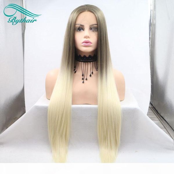 

bythair brown to blonde two tones ombre silky straight wigs synthetic lace front wigs for women heat resistant long hair wigs, Black