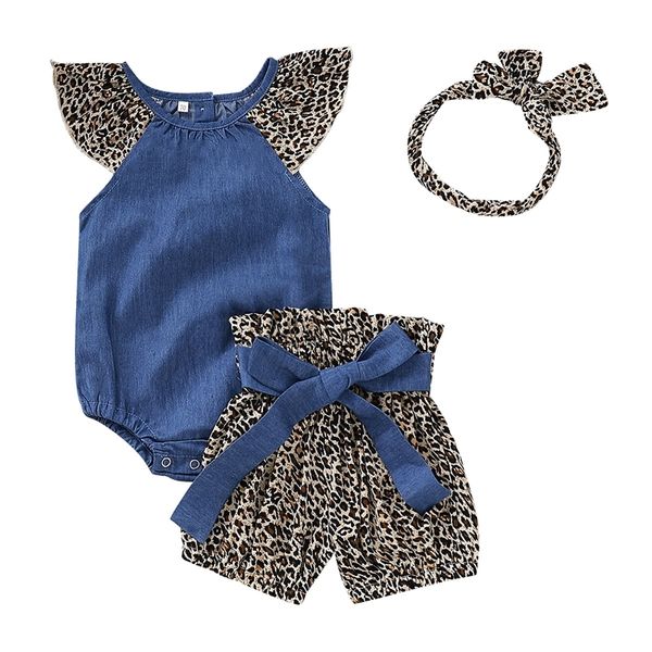 /set Toddler Kids Neonate Vestiti Set Denim Pagliaccetto senza maniche Top + Pantaloncini con fiocco leopardato + Fascia Summer Baby Girl Abiti LJ201221