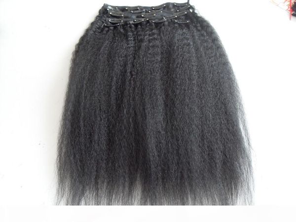 

brazilian kinky straight hair weft clip in hair extensions unprocessed curly natural black color human extensions can be dyed, Black;brown