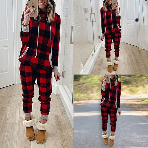 

women christmas plaid tracksuit ins xmas two piece clothing pajamas sets checkered hooded hoodies legging pants outfit trourser suit e120301, White