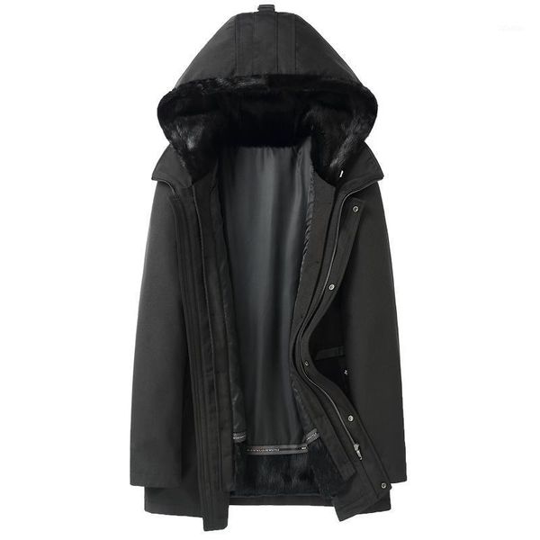 

men's leather & faux parka real fur coat men winter jacket hooded liner collar long overcoat warm parkas 19003 kj33671, Black
