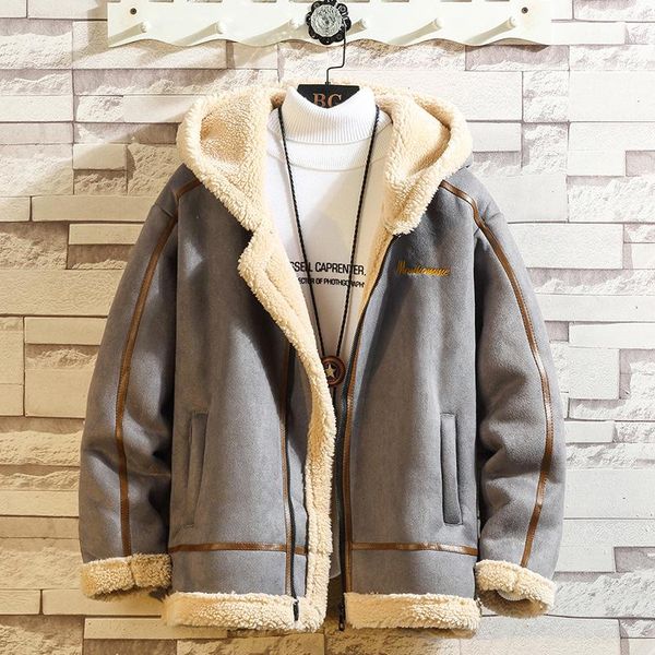 

men's winter coat new fur integrated fashion lamb hair hooded casual men's cotton padded clothes, Black