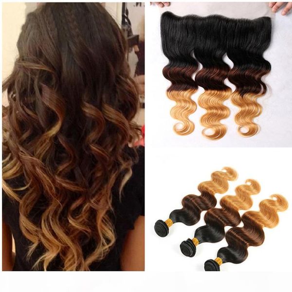 

honey blonde human virgin hair with lace frontal closure #1b 4 27 hair with lace frontal brown blonde lace frontal with bundles, Black;brown