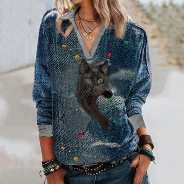 

women's blouses & shirts harajuku for women fashion cat print v-neck long sleeve plus size blouse clothing blusas mujer de moda 2021, White