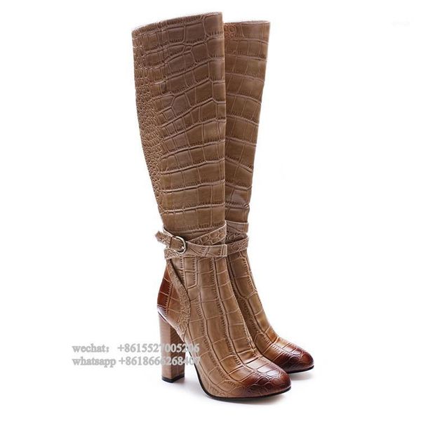 

boots fashion square heeled brown crocodile pattern leather round toe ankle wrap straps women knee high heel winter buckle shoes1, Black