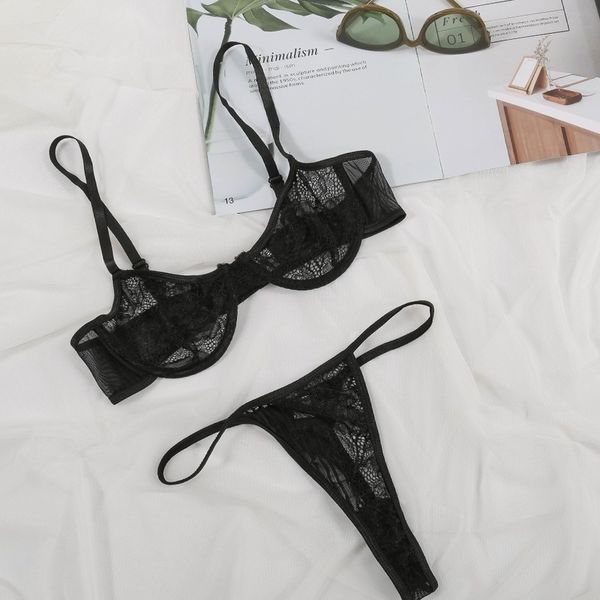 

ethika women transparent bra and panty set underwear see through lace lingerie femme red black push up bra & brief sets new c1211, Black;white