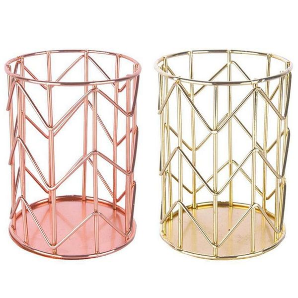 

gold & rose gold wrought iron cosmetic storage box cylinder box storage lipstick brush pen office basket