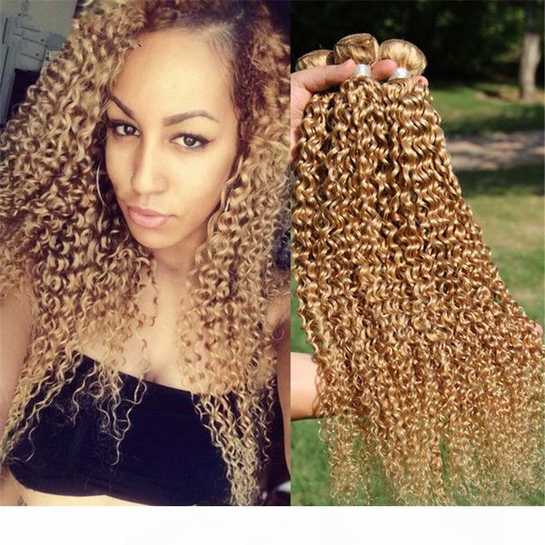 

2016 honey blonde brazilian hair extensions 10"-30" 3pcs lot color #27 honey blonde kinky curly hair weave curly, Black