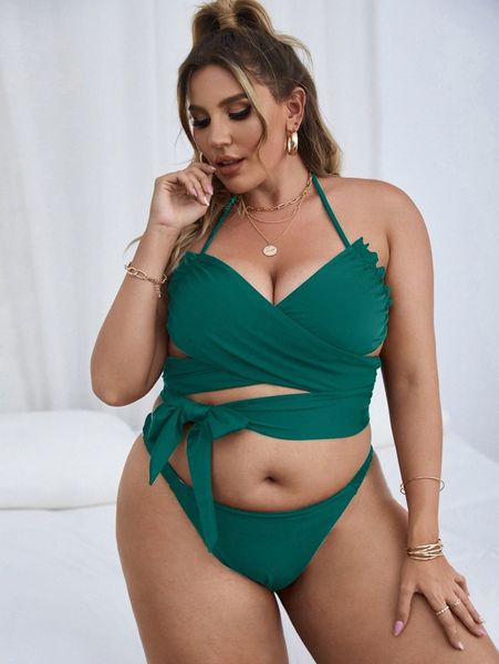 

plus criss cross knot halter bikini swimsuit 96vw#, Black