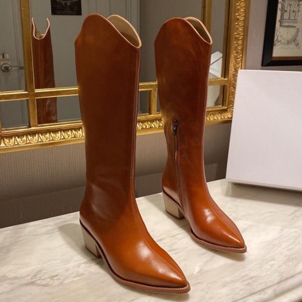 

genuine leather knee-high boots autumn brand pointed toe women shoes new fashion square heels zip female boots, Black