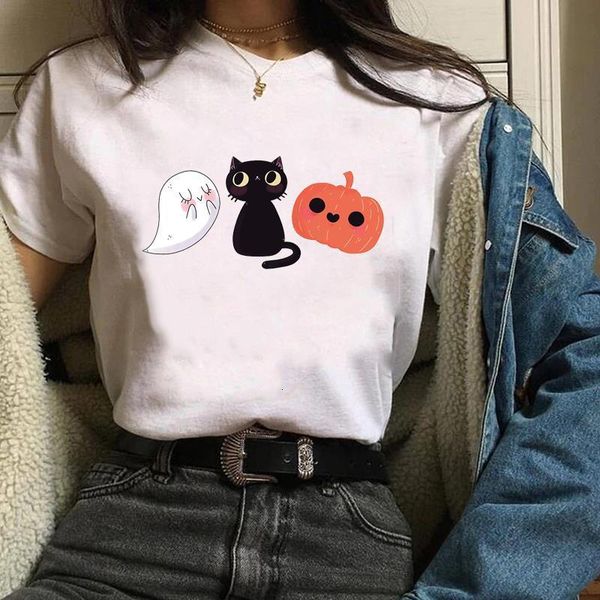 

women print clothes graphic cartoon pumpkin 90s trend style fall autumn halloween lady tees female t shirt womens t-shirt, White
