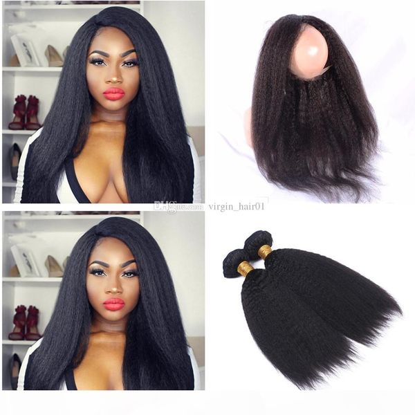 

360 lace frontal with bundles 8a peruvian kinky straight hair with closure 3pcs human hair with 360 lace frontal bleached knots, Black;brown