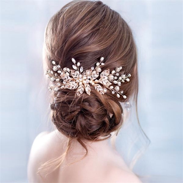 Trendy Leaf Pearl Rose Gold Wedding Pettini per capelli Tiara Copricapo da sposa Testa da donna Accessori decorativi per gioielli 220217