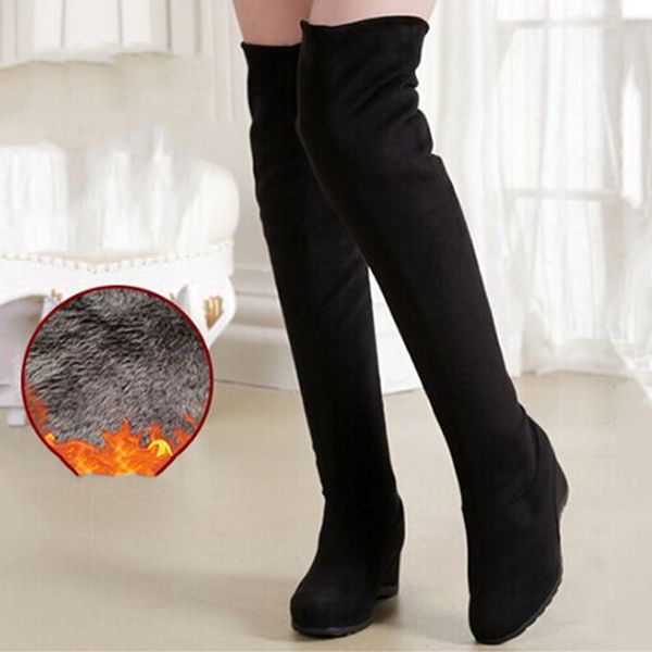 

black elastic flock slim fit over the knee boots women 2020 autumn winter ladies high heel wedges long thigh high botas lj201130
