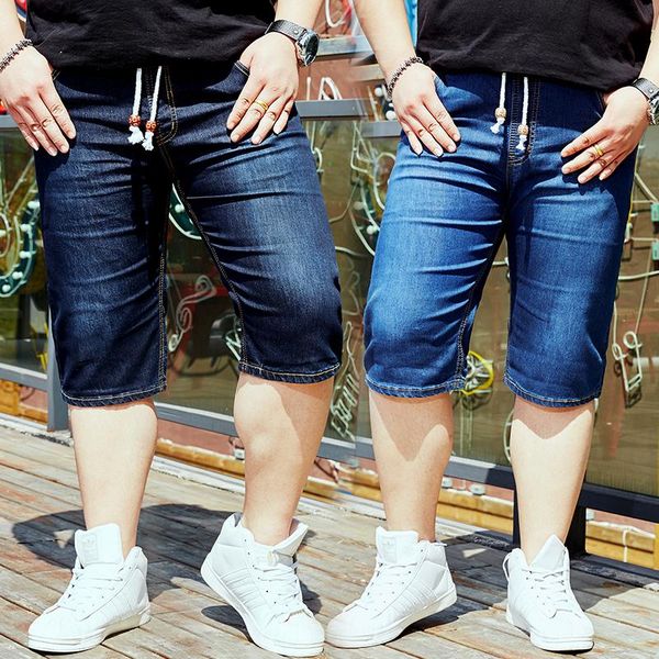 

men's shorts tide summer bermuda elastic waist drawstring straight denim fashion business casual jeans plus size 58, White;black
