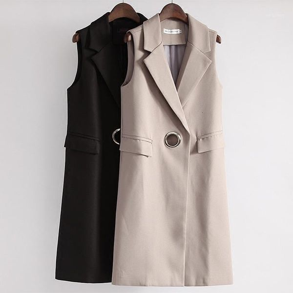 

women's vests fashion pocket turn-down collar female vest long slim women's spring sleeveless cardigan waistcoat suit coat1, Black;white