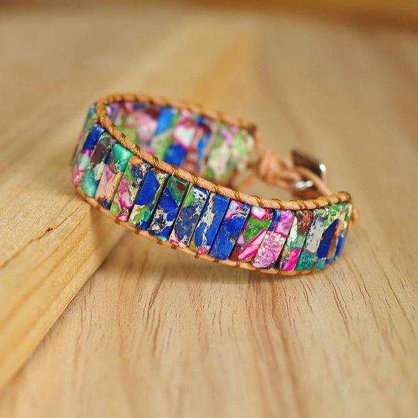 

Women Men Handmade Jewelry Colorful Natural Stone Beads Chakra Leather Wrap Bracelet & Bangle Bohemia Strand Charm Bracelet Gift, Golden;silver