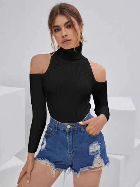 

turtleneck cold shoulder rib-knit sweater f6sj#, White