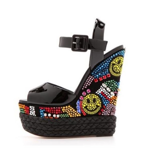 

black patent leather of the multi-color crystal mark beautified sandals with ultra-woven heel shoes
