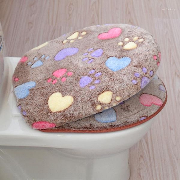 

bath accessory set cute heart footprint warm toilet seat cover bathroom comfortable coral velvet case mat cushion1