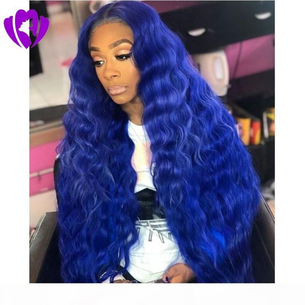 

180density full synthetic lace front wig long body wave blue wigs color light lace natural hair frontal parting for women, Black