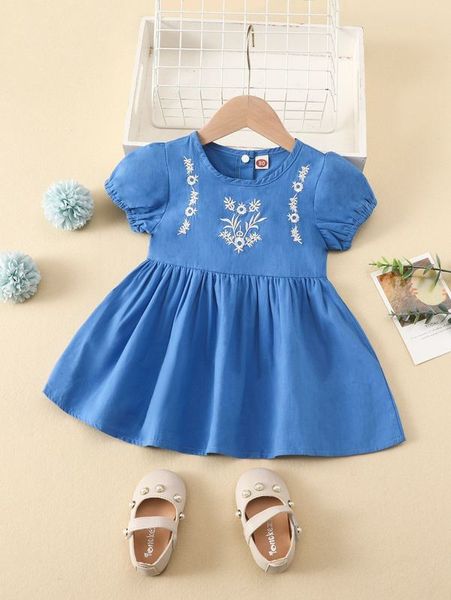

baby floral embroidery puff sleeve button back dress she, Red;yellow