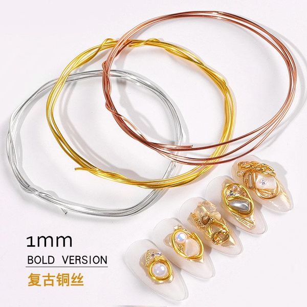 

nail art decorations 1mm*1m diy thick copper wire decoration creative making cord retro striping line with rhinestones jewelry for manicure, Silver;gold