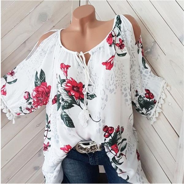 

fashion loose large size shirt print shirt tassel lace casual short sleeved blouse drop shipping good quality, White