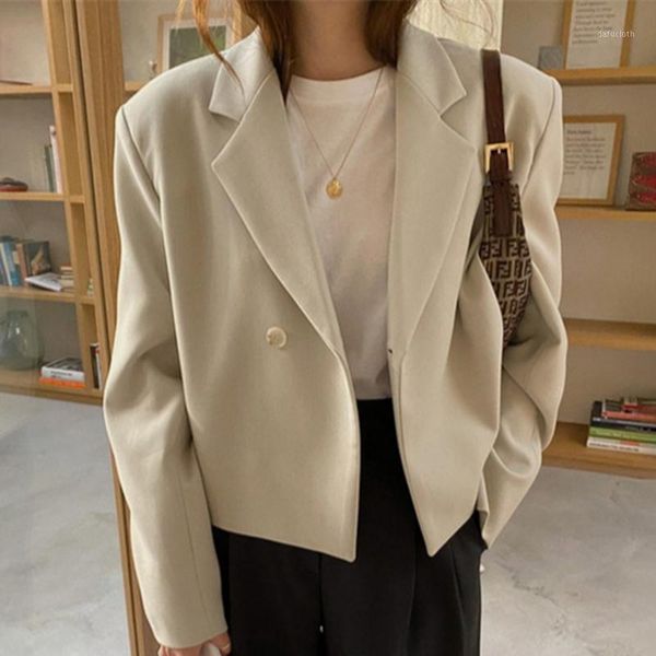 

women's black/beige blazers autumn 2021 elegant notched collar long sleeve single button short coat casual solid loose blazer1, White;black
