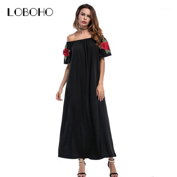 

embroidery flowers maxi dresses summer 2017 cotton long dress black red green short sleeve slash neck loose casual women dress1, White;black