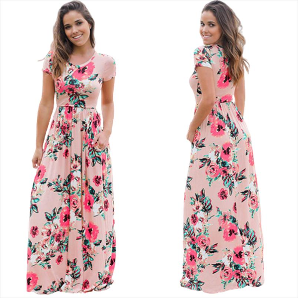 

large size 3xl 2019 new summer women long dresses beach short sleeve o neck floral print robe dress ladies casual dress vestido, Black;gray
