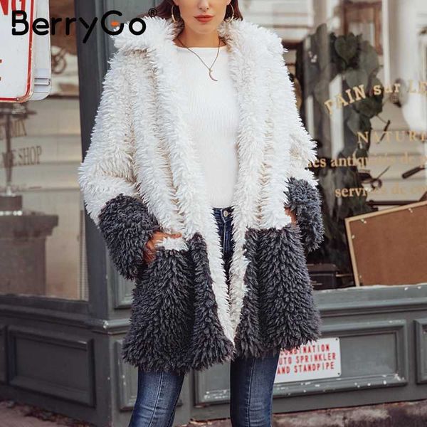 

berrygo thick vintage faux fur splice coat plus size women streetwear warm long overcoat elegant winter casual overcoat, Black