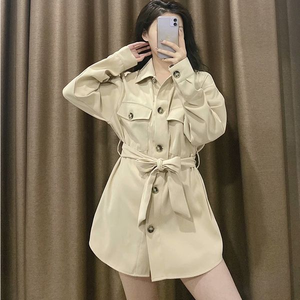 

new 2021 spring autumn women shirts with belt plain office lady turn down collar blouses female style blusas u2rn, White