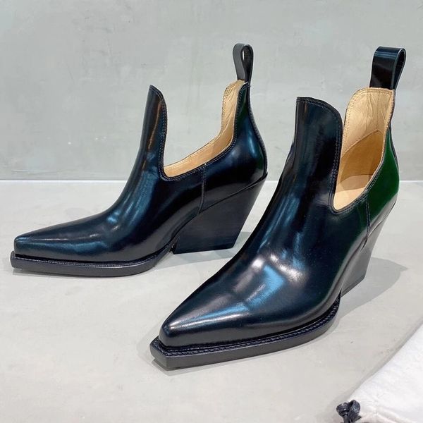

western leather ankle boots women british black short boots chunky wedge heel women shoes slip on chelsea boots botas feminina