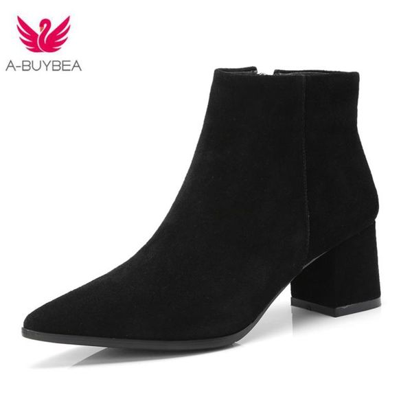 

boots 2021 fashion women cow suede pointed toe zip ankle short plush solid square heel autumn winter woman shoes, Black