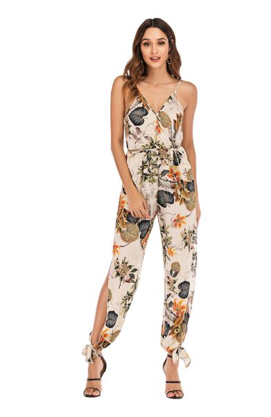 

women v neck suspender jumpsuit with sashes floral split bandage rompers female jumpsuit, Black;white