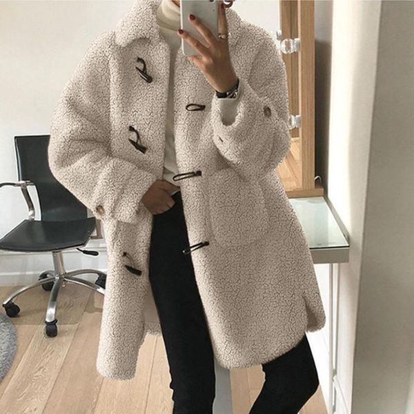 

korean chic lamb wool coat female winter new style retro horn buckle warm 2021 mid-length cotton coat, Black;brown