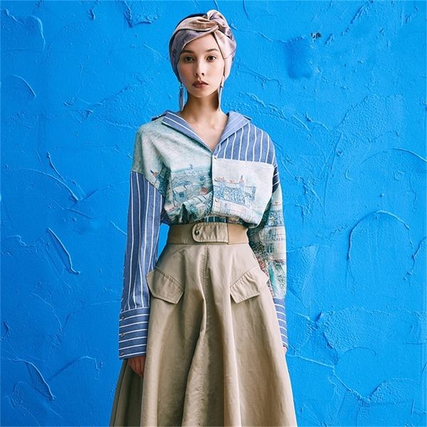 

spring women's long shirts feminino vintage oil painting print strip patchwork loose casual blouses maxi size shirts lj200811, White