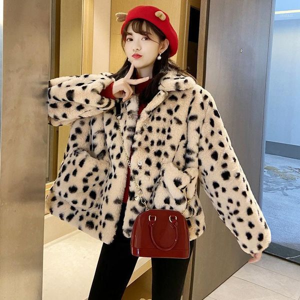 

women 2021 autumn winter new faux fur leopard print coats female loose warm outwears ladies pockets square collar jackets q5691, Black