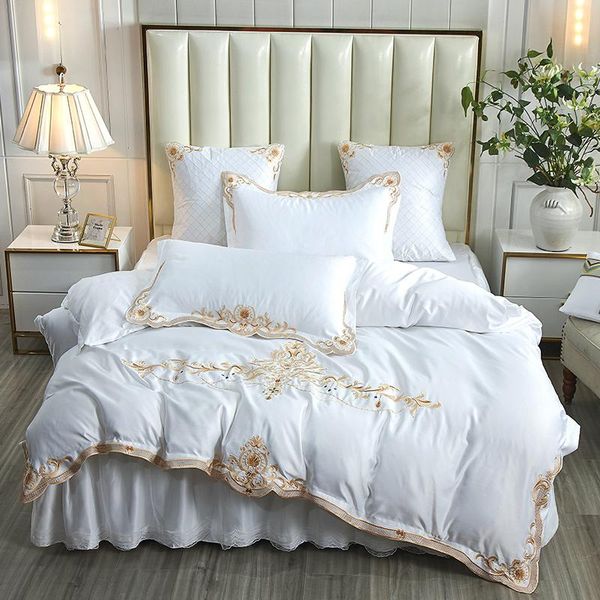 

luxury white satin silk cotton gold embroidery bedding set bedskirt textile pillowcase home lace double cover set bedlinen duvet