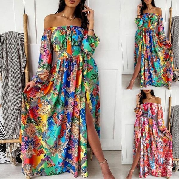 

women off shoulder long sleeve floral print large hem party banquet maxi dress beach dress women boho long vintage1, Black;gray