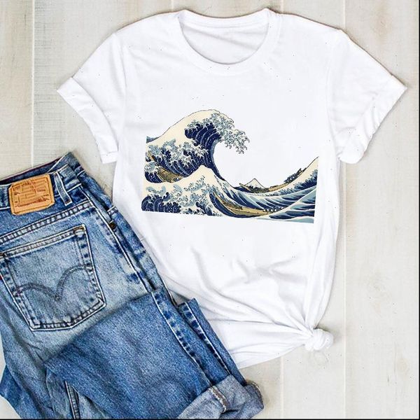 

women lady wave painting printed aesthetic ladies fashion summer t tee tshirt womens female shirt clothes graphic t shirt, White